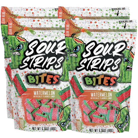 Sour Strips Bites-Four Pack by Sour Strips in Watermelon flavor, with colorful resealable bags featuring green cartoon faces and showcasing red and green extremely sour candy pieces.