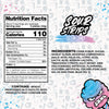 Introducing the packaging for SourStrips Cotton Candy-Six Pack in a Limited Edition birthday flavor. The label includes nutrition facts, an ingredients list, and a warning about allergies. It features a cartoon image of an angry blue and pink candy at the bottom right with a colorful splatter background and a resealable bag design.