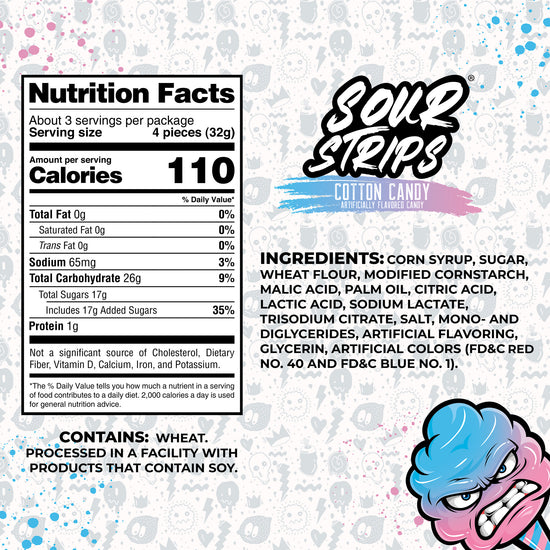 Introducing the packaging for SourStrips Cotton Candy-Six Pack in a Limited Edition birthday flavor. The label includes nutrition facts, an ingredients list, and a warning about allergies. It features a cartoon image of an angry blue and pink candy at the bottom right with a colorful splatter background and a resealable bag design.