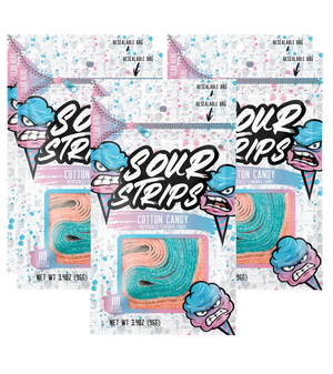 Six packs of SourStrips Cotton Candy-Six Pack candy, including the Limited Edition birthday flavor, are arranged in a grid. The packaging is vibrant, with a mix of pink and blue featuring a cartoon-like character. Each pack weighs 3.34 oz (96 g) and boasts a convenient resealable bag design.