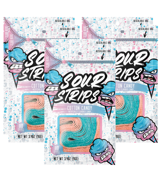 Six packs of SourStrips Cotton Candy-Six Pack candy, including the Limited Edition birthday flavor, are arranged in a grid. The packaging is vibrant, with a mix of pink and blue featuring a cartoon-like character. Each pack weighs 3.34 oz (96 g) and boasts a convenient resealable bag design.