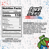 The image displays the "Doubleberry-Six Pack" candy from SourStrips, featuring a resealable bag with vibrant graphics of splashing blue and red berries. It includes a nutrition facts label and ingredients such as corn syrup, sugar, and citric acid for an extremely sour taste.