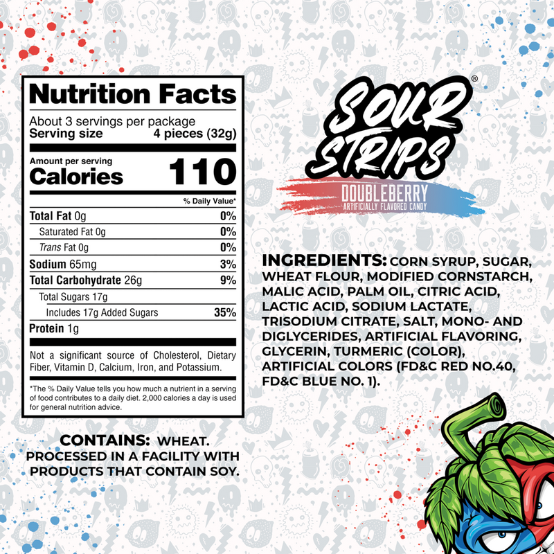 The image displays the "Doubleberry-Six Pack" candy from SourStrips, featuring a resealable bag with vibrant graphics of splashing blue and red berries. It includes a nutrition facts label and ingredients such as corn syrup, sugar, and citric acid for an extremely sour taste.