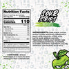 An image of SourStrips Green Apple-Six Pack candy packaging. The left side displays the nutrition facts, while the right side showcases ingredients, allergy information, and a cartoon character of a green apple with a playful expression at the bottom. Get ready for an extremely sour experience!