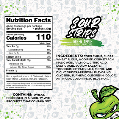 An image of SourStrips Green Apple-Six Pack candy packaging. The left side displays the nutrition facts, while the right side showcases ingredients, allergy information, and a cartoon character of a green apple with a playful expression at the bottom. Get ready for an extremely sour experience!