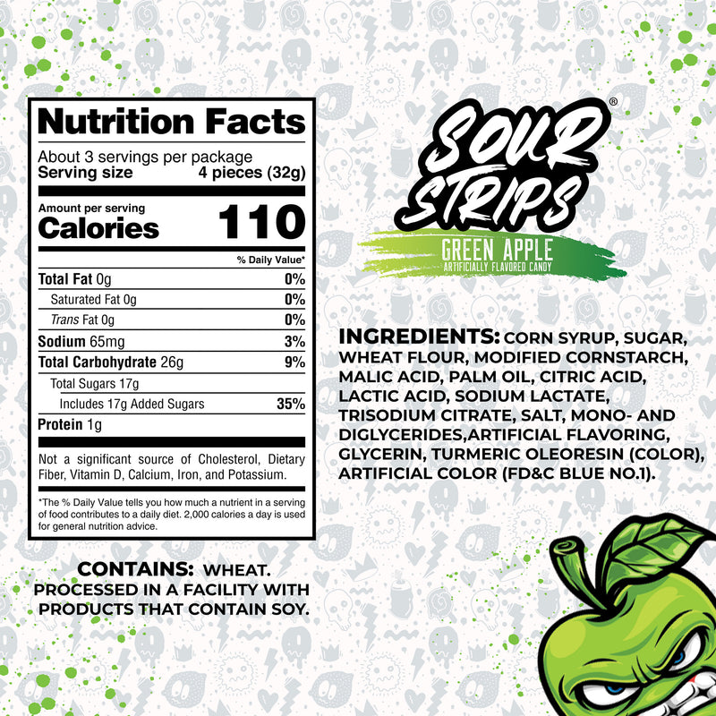 An image of SourStrips Green Apple-Six Pack candy packaging. The left side displays the nutrition facts, while the right side showcases ingredients, allergy information, and a cartoon character of a green apple with a playful expression at the bottom. Get ready for an extremely sour experience!