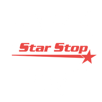 A logo with a white splash background and the words "Star Stop" written in red, underlined with a red line ending in a red star on the right.