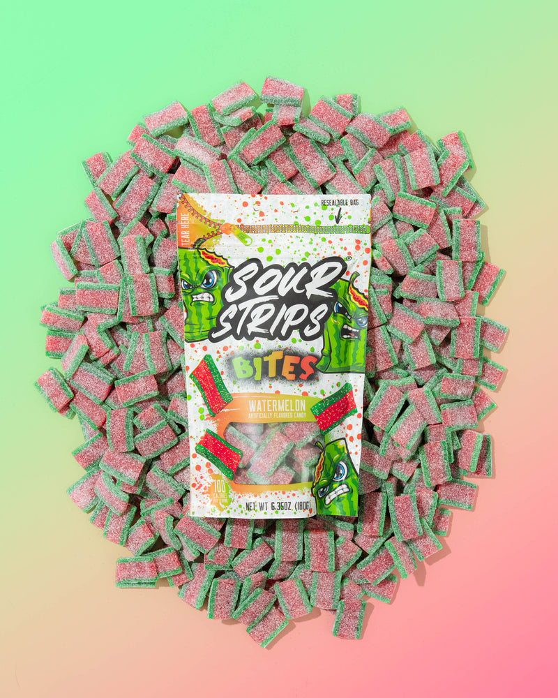 The Summer Sampler Pack-five pack by SourStrips is featured with resealable bags surrounded by loose candy strips, capturing the ultimate sour summer flavor on a pastel green and pink gradient background.