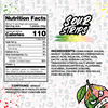 A colorful SourStrips Summer Sampler Pack-five pack label on a resealable bag features nutrition facts, ingredients, and allergy info beside a cartoon candy with a sour face and splashes of green, yellow, and red paint.