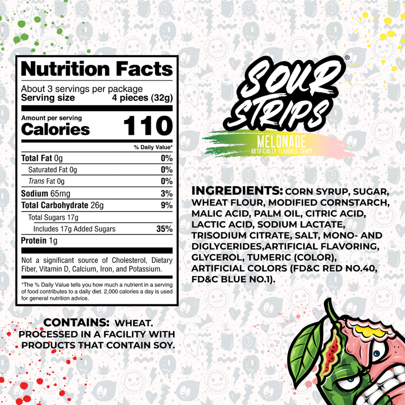 A colorful SourStrips Summer Sampler Pack-five pack label on a resealable bag features nutrition facts, ingredients, and allergy info beside a cartoon candy with a sour face and splashes of green, yellow, and red paint.