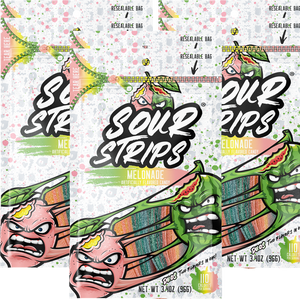 SourStrips Melonade-Six Pack features resealable bags with colorful, illustrated angry watermelon and lemon characters, filled with rainbow-colored strips of extremely sour candy.