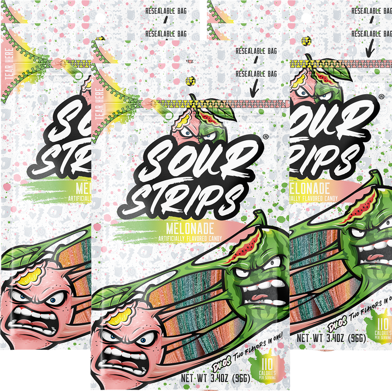 SourStrips Melonade-Six Pack features resealable bags with colorful, illustrated angry watermelon and lemon characters, filled with rainbow-colored strips of extremely sour candy.