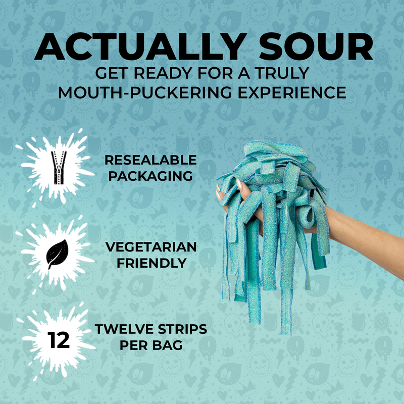 A hand holds a bunch of blue-green Sour Strips from the Party Pack Combo-Three Pack against a light blue patterned background. The text reads, "ACTUALLY SOUR. GET READY FOR AN EXTREMELY MOUTH-PUCKERING EXPERIENCE. Resealable packaging. Vegetarian friendly. 12 Sour Strips per bag.