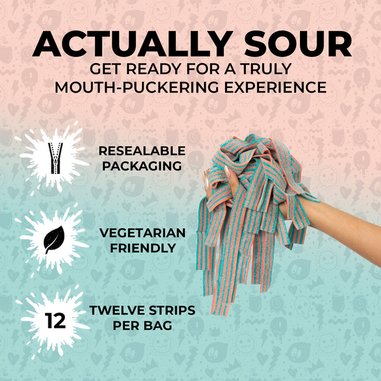 A hand holds several strips of vibrant Cotton Candy-Six Pack SourStrips against a background split into pink and mint green halves decorated with small icons. Text reads: "ACTUALLY SOUR: GET READY FOR A TRULY MOUTH-PUCKERING EXPERIENCE," with three features listed: "RESEALABLE PACKAGING," "VEGETARIAN FRIENDLY," and "TWELVE STRIPS PER BAG.