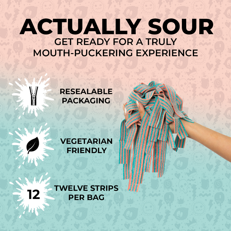 A hand holds several strips of vibrant Cotton Candy-Six Pack SourStrips against a background split into pink and mint green halves decorated with small icons. Text reads: "ACTUALLY SOUR: GET READY FOR A TRULY MOUTH-PUCKERING EXPERIENCE," with three features listed: "RESEALABLE PACKAGING," "VEGETARIAN FRIENDLY," and "TWELVE STRIPS PER BAG.