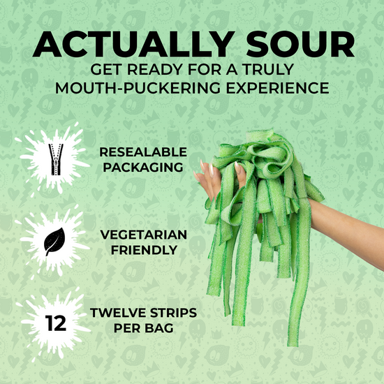 A hand holding a bunch of sour green apple candy strips. Text on the image includes "Actually Sour," "Get Ready for a Truly Mouth-Puckering Experience," alongside three bullet points: "Resealable Packaging," "Vegetarian Friendly," and "Twelve Strips Per Bag.