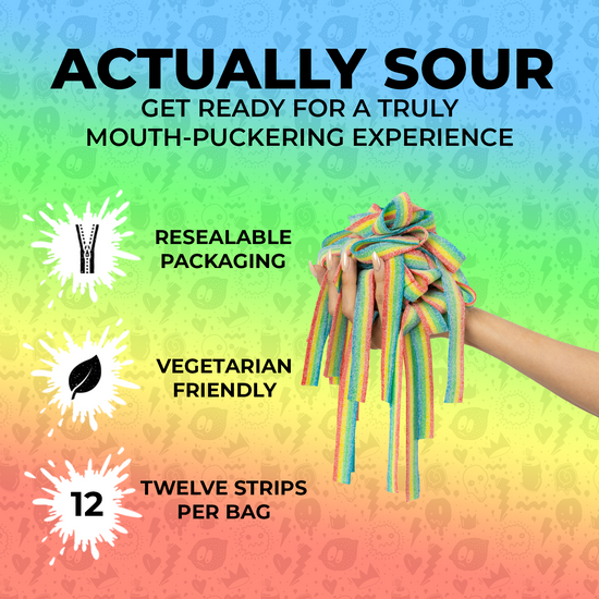 A vibrant ad for Sour Strips featuring a hand gripping long, intensely sour rainbow-colored strips against a rainbow gradient background. The text emphasizes resealable packaging, vegetarian-friendly ingredients, and twelve strips per bag—ideal for the Party Pack Combo-Three Pack.
