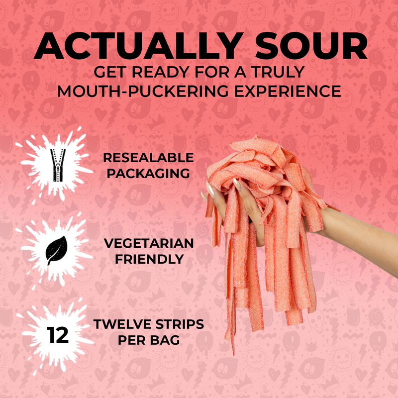 A person holding a bundle of pink SourStrips Strawberry-Six Pack with text highlighting product features: "Actually Sour - Get ready for an extremely sour mouth-puckering experience. Resealable Bag. Vegetarian Friendly. 12 Twelve Strips per Bag" on a pink background.