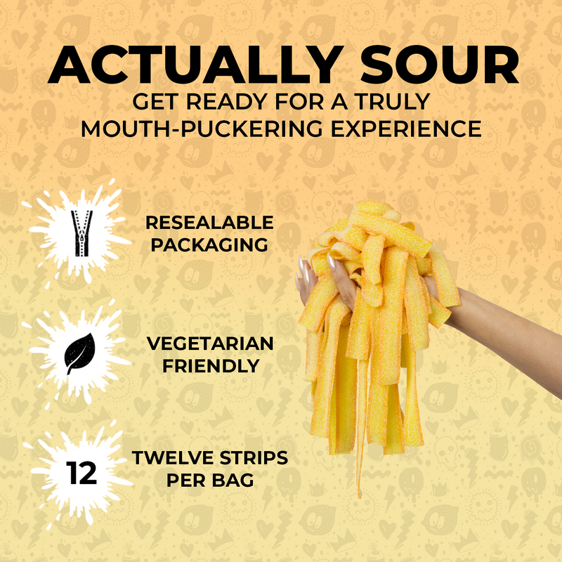 A hand holds a bunch of yellow SourStrips Tropical Mango-Six Pack against a yellow patterned background. The text reads "Actually Sour - Get ready for a truly mouth-puckering experience" with bullet points: "Resealable bag design," "Vegetarian friendly," and "12 strips per bag.