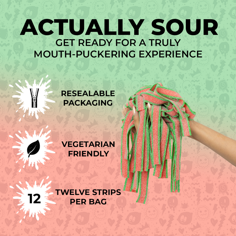 A hand holding a bunch of sour watermelon candy strips. Text on the image includes "Actually Sour," "Get Ready for a Truly Mouth-Puckering Experience," alongside three bullet points: "Resealable Packaging," "Vegetarian Friendly," and "Twelve Strips Per Bag.