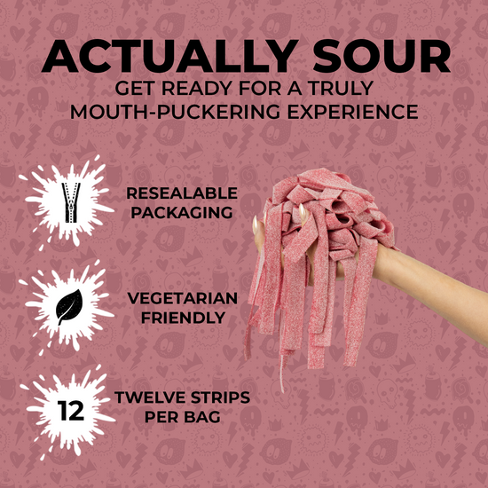 A hand holding a bunch of sour wild cherry candy strips. Text on the image includes "Actually Sour," "Get Ready for a Truly Mouth-Puckering Experience," alongside three bullet points: "Resealable Packaging," "Vegetarian Friendly," and "Twelve Strips Per Bag."