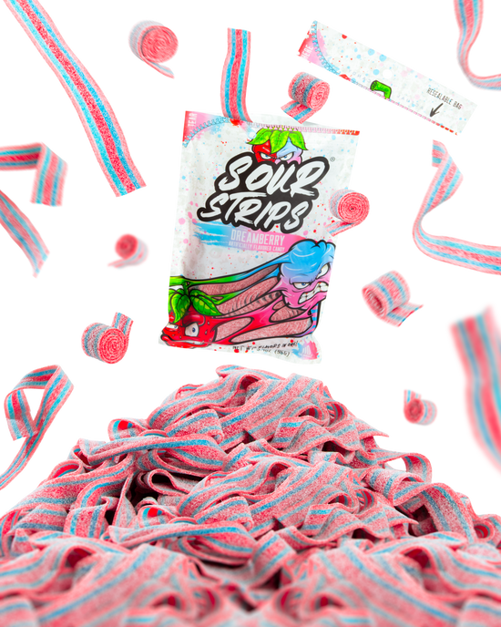 The SourStrips Dreamberry-Six Pack sits among scattered blue, pink, and white strips, evoking sweet cotton candy vibes against a bright white background.