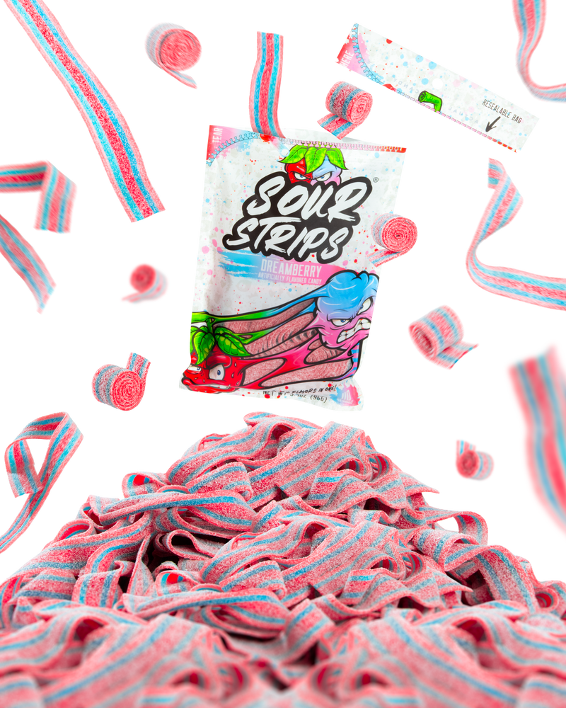 The SourStrips Dreamberry-Six Pack sits among scattered blue, pink, and white strips, evoking sweet cotton candy vibes against a bright white background.