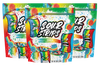 Image of the Rainbow Party Pack-Three Pack by Sour Strips featuring three colorful bags of candy in rainbow flavor. Each pack showcases a vibrant design with a cartoon candy character, paint splashes, and a clear window revealing the sour candy strips inside. Net weight is 9.42 oz (267g).