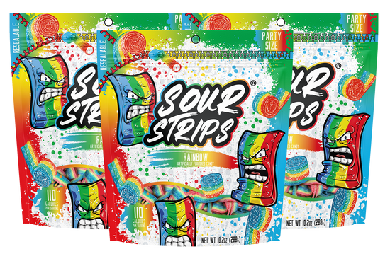 Image of the Rainbow Party Pack-Three Pack by Sour Strips featuring three colorful bags of candy in rainbow flavor. Each pack showcases a vibrant design with a cartoon candy character, paint splashes, and a clear window revealing the sour candy strips inside. Net weight is 9.42 oz (267g).