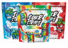 Three vibrant bags of Sour Strips candy are displayed, featuring the Party Pack Combo-Three Pack. The flavors include Blue Raspberry, Rainbow, and Strawberry, each adorned with a lively illustrated character on the package. These extremely sour treats are labeled as party-size and come in a convenient resealable Party Pack.