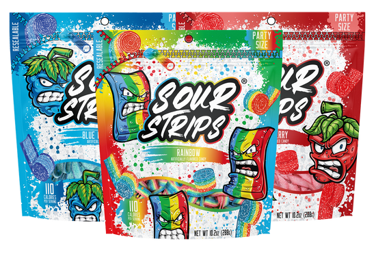 Three vibrant bags of Sour Strips candy are displayed, featuring the Party Pack Combo-Three Pack. The flavors include Blue Raspberry, Rainbow, and Strawberry, each adorned with a lively illustrated character on the package. These extremely sour treats are labeled as party-size and come in a convenient resealable Party Pack.