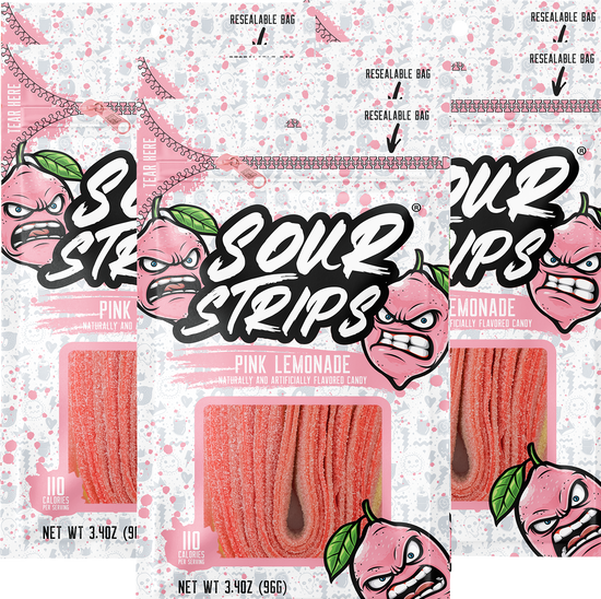 6 bags of Pink Lemonade Sour Strips candy, each weighing 3.4 ounces (96 grams). The vibrant design for each flavor mentioned, features a Pink Lemonade cartoon character on a speckled white and pink colored background that represents the flavor. These sour treats come in resealable bags for your convenience.