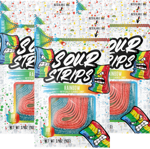 Three packets of "Rainbow-Six Pack" candy from the brand SourStrips are shown. The resealable bag is colorful with splashes of green, red, yellow, and blue. Each packet displays twisted, multi-colored extremely sour candy strips through a clear window on the front.