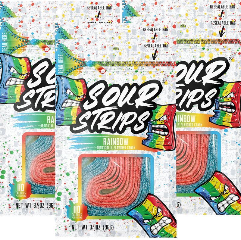 Three packets of "Rainbow-Six Pack" candy from the brand SourStrips are shown. The resealable bag is colorful with splashes of green, red, yellow, and blue. Each packet displays twisted, multi-colored extremely sour candy strips through a clear window on the front.