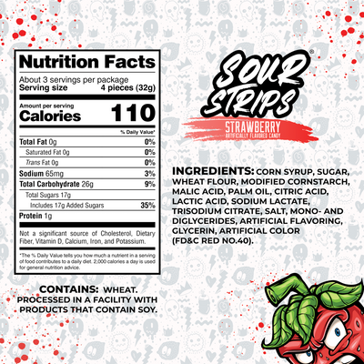 Presenting the Strawberry-Six Pack from SourStrips, featuring comprehensive nutritional facts and ingredients. Each serving contains 110 calories. The packaging showcases an illustrated mascot on the bottom right and includes a resealable bag to keep the extremely sour strips fresh and flavorful.