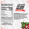 An image of a candy packaging for "Sour Strips" in the Party Pack Combo-Three Pack featuring the strawberry flavor. The package displays nutritional facts, ingredients, allergens, and a cartoon strawberry character. The background includes small icons of the cartoon character and strawberries.