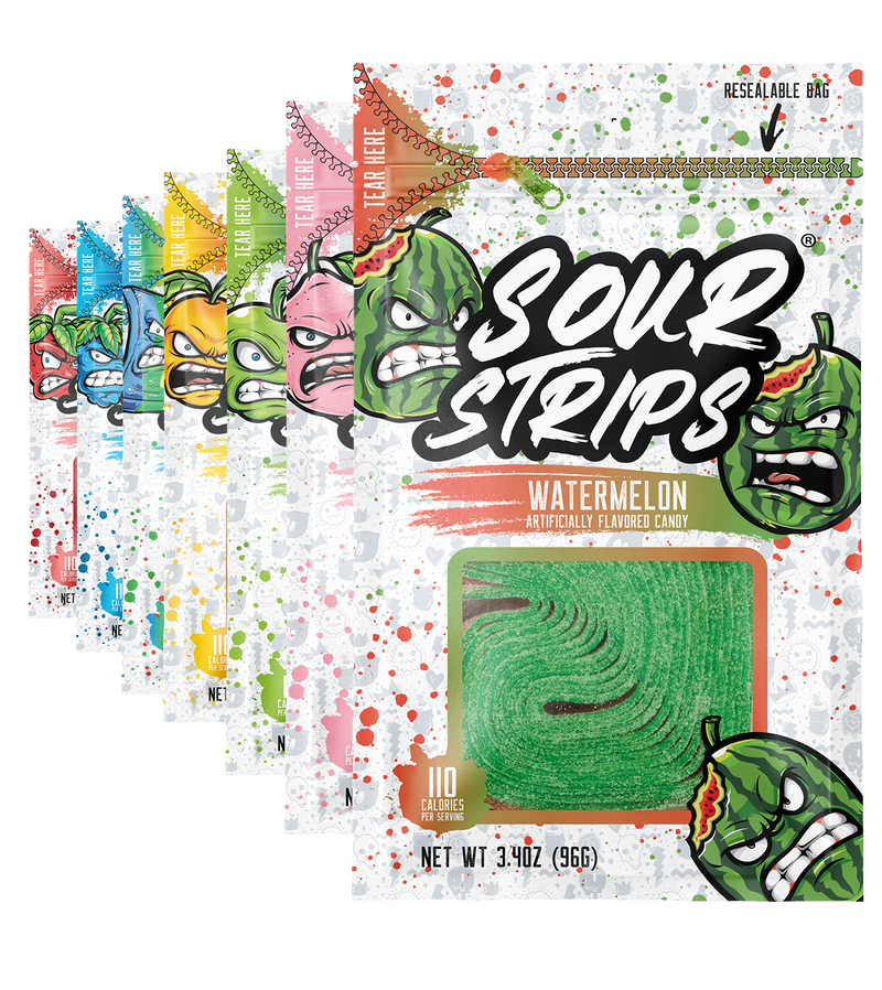 7 bags of assorted flavors of Sour Strips candy including Watermelon, Pink Lemonade, Green apple, tropical mango, rainbow, blue raspberry and strawberry, each weighing 3.4 ounces (96 grams). The vibrant design for each flavor mentioned, features a color cartoon character of that flavor on a speckled white and colored background that represents the flavor. These sour treats come in resealable bags for your convenience.