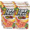 Four packs of Sour Strips Bites in "Strawbango" flavor feature colorful cartoon strawberries and mangos promising extreme sourness. Each 6.35 oz pack is labeled "artificially flavored candy.