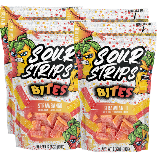 Four packs of Sour Strips Bites in "Strawbango" flavor feature colorful cartoon strawberries and mangos promising extreme sourness. Each 6.35 oz pack is labeled "artificially flavored candy.