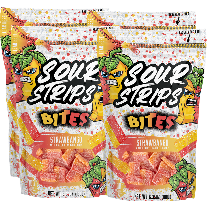 Four packs of Sour Strips Bites in "Strawbango" flavor feature colorful cartoon strawberries and mangos promising extreme sourness. Each 6.35 oz pack is labeled "artificially flavored candy.