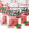 Multiple overlapping packages of SourStrips Strawberry-Six Pack candy. The packaging features a red and white design adorned with strawberry illustrations and the product name in bold letters. Nutritional information and the phrase "resealable bag" are also visible on these extremely sour treats.