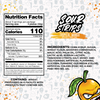 A product label for SourStrips Tropical Mango-Six Pack, featuring nutrition facts and ingredient details. The extremely sour candy has 110 calories per serving, 26g of total carbs, and 17g of sugars. Ingredients include corn syrup and sugar. WARNINGS: processed in a facility with nuts and soy. Vibrant packaging with a stylized happy orange fruit and resealable bag design.