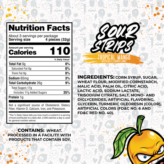 A product label for SourStrips Tropical Mango-Six Pack, featuring nutrition facts and ingredient details. The extremely sour candy has 110 calories per serving, 26g of total carbs, and 17g of sugars. Ingredients include corn syrup and sugar. WARNINGS: processed in a facility with nuts and soy. Vibrant packaging with a stylized happy orange fruit and resealable bag design.