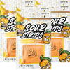 Three packages of SourStrips Tropical Mango-Six Pack candy. Each resealable bag features cartoon illustrations of a sour-looking mango. The white packaging, with yellow and orange design accents, shows the extremely sour candy strips inside.