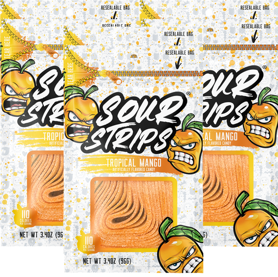 Three packages of SourStrips Tropical Mango-Six Pack candy. Each resealable bag features cartoon illustrations of a sour-looking mango. The white packaging, with yellow and orange design accents, shows the extremely sour candy strips inside.