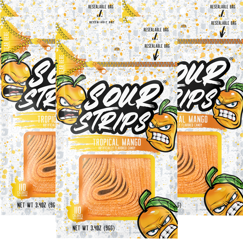 Three packages of SourStrips Tropical Mango-Six Pack candy. Each resealable bag features cartoon illustrations of a sour-looking mango. The white packaging, with yellow and orange design accents, shows the extremely sour candy strips inside.