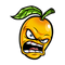 Cartoon image of an angry yellow fruit with a green leaf on top, furrowed eyebrows, and an open mouth showing teeth. The black background highlights its exaggerated facial expression.