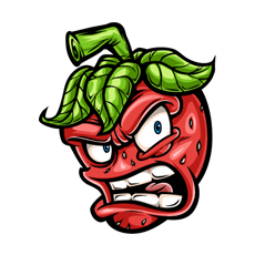 A cartoon strawberry with an angry expression, showing wide eyes, furrowed eyebrows, and gritted teeth. The strawberry has a green leafy top and a stem, giving a fierce and intense look.