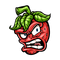 A cartoon strawberry with an angry expression, showing wide eyes, furrowed eyebrows, and gritted teeth. The strawberry has a green leafy top and a stem, giving a fierce and intense look.