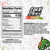 A candy package labeled "Watermelon-Six Pack" from the SourStrips brand in a resealable bag. The nutrition facts list a serving size of 4 pieces (32g), 110 calories per serving, 0g total fat, 26g carbs, 17g added sugars, and 1g protein. Ingredients include corn syrup, sugar, and various acids and colorings. The package features an extremely vibrant design.